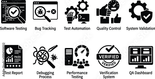software testing icons, bug tracking, test automation, quality control