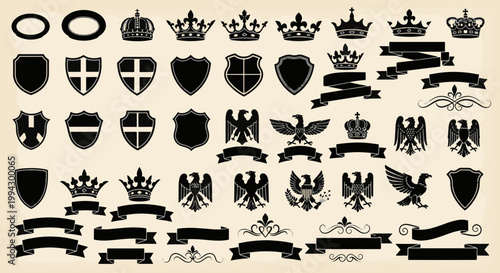 Collection of Medieval Ornamental Crowns Shields Eagles and Ribbons Design Elements