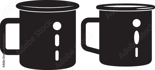 Two black enamel mugs with handles and white circle detail