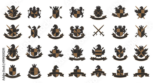 Decorative Collection of Medieval Ornamental Crests and Heraldic Insignia