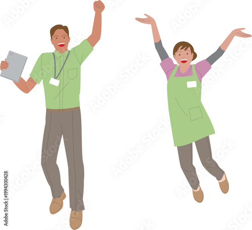 社会福祉士の男性と女性。元気で働くイメージのイラスト。