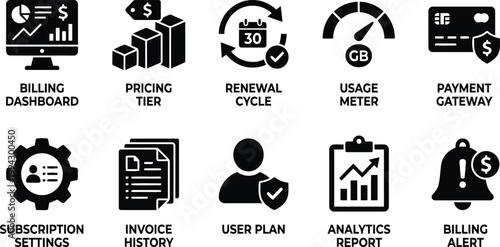 set of black icons for billing and subscription services