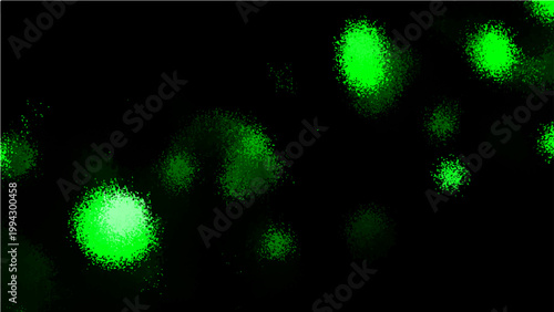 Abstract neon green glowing sphere in black dark background with many blurry orb and bokeh effect.