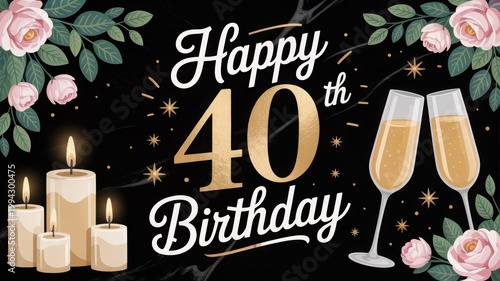 Elegant Gold Foil 40th Birthday Celebration with Candles and Champagne Flutes