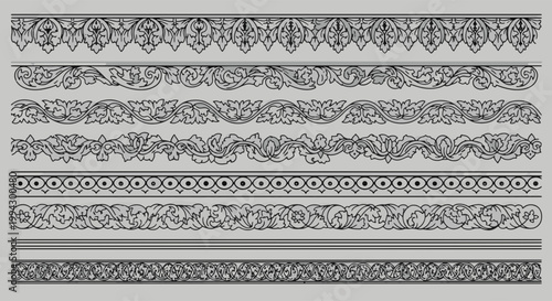 Medieval Ornamental Borders with Decorative Scrollwork and Intricate Natural Elements Patterns