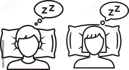 Two people sleeping, thought bubble with Zzz, resting
