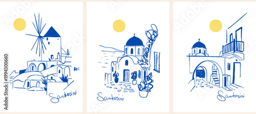 Santorini White Houses Architecture, Greek Concept Poster Illustration