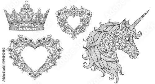 Fotografija Medieval Ornamental Crown Unicorn Head and Floral Heart Frames for Design