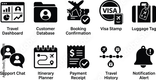 Travel and tourism icons set, black and white