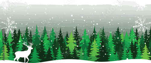 Winter forest landscape background with green pine trees and white deer silhouette, snowy woodland panoramic banner, christmas holiday nature vector