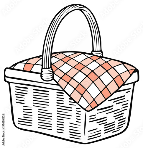 Hand Drawn Picnic Basket with Gingham Cloth Illustration