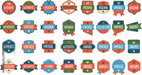 Vintage badge collection with 32 retro insignia icons, colorful authentic label set, award and quality seal vector elements for branding