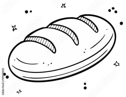 Artistic drawing of a loaf of bread, isolated on white background, surrounded by decorative elements.