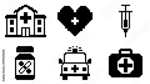 Monochrome pixel icons representing healthcare, medical equipment, and emergency services, perfect for digital design and applications
