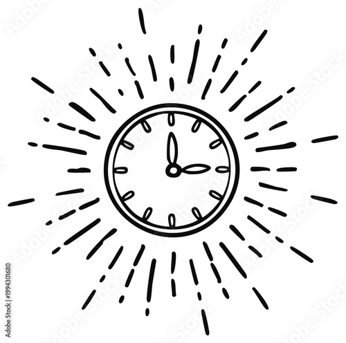 Clock face vector drawing with radiating beams representing time speed duration deadline