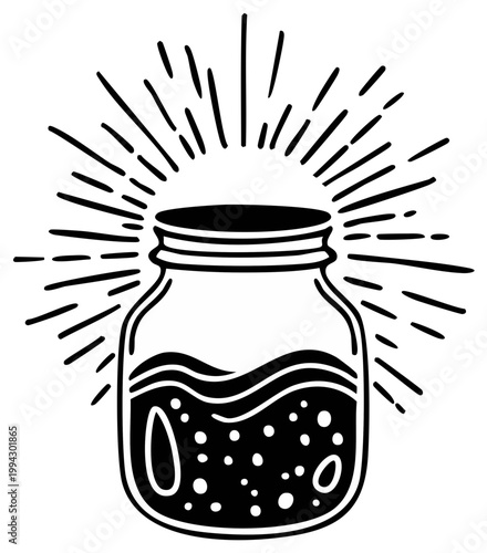 Cartoon Jar with Light Rays, Black and White Decorative Graphic. Food and Drink product icon.