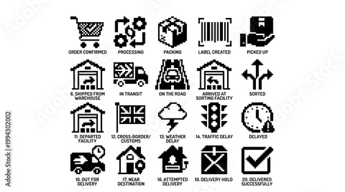 Delivery and shipping icons representing various logistics and transportation stages of parcel services