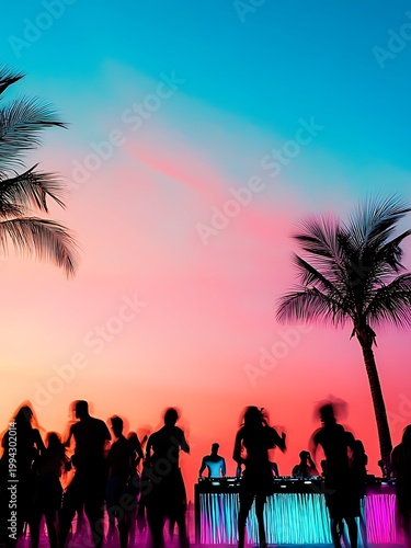 People silhouettes dancing at beach party music festival during sunset with neon lights.