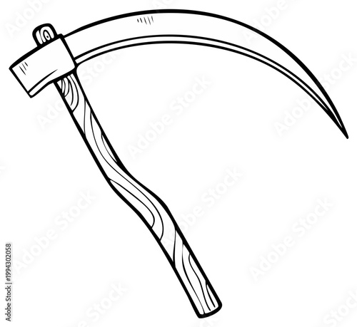 Cartoon Scythe Agricultural Tool Black and White Outline