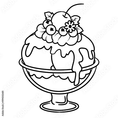 Line art Cute ice cream sundae cartoon with chocolate drip