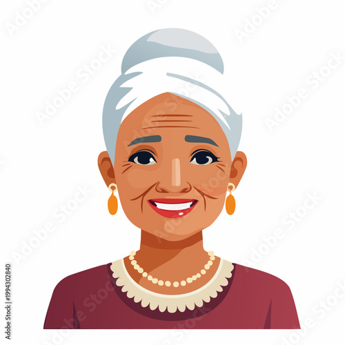 Smiling Elderly Woman with White Hair and Pearl Necklace