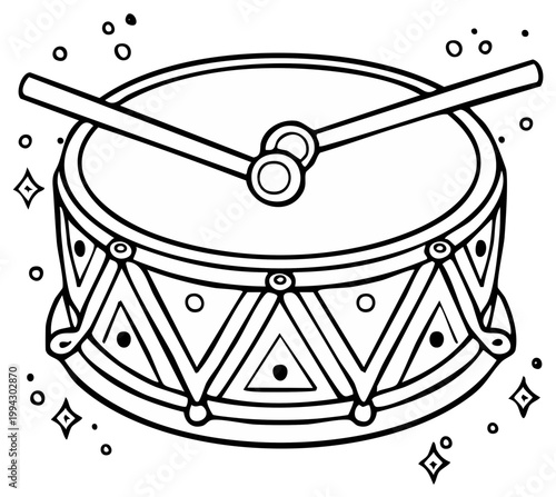 Black and white illustration of a drum with sticks, music, percussion instrument