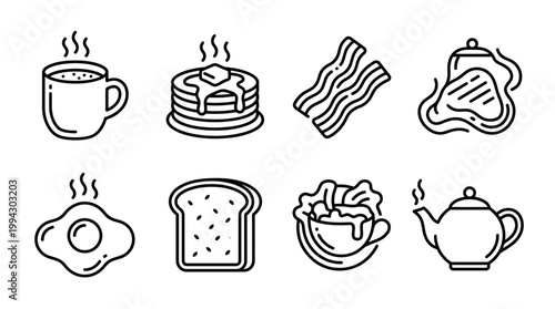 Breakfast symbols collection in outline style featuring food and drink items
