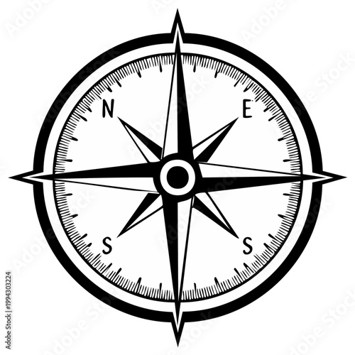 Black and white graphic of a compass rose showing directions on a white background