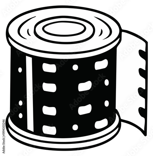 Black and white illustration of a film canister with sprocket holes visible on the film strip