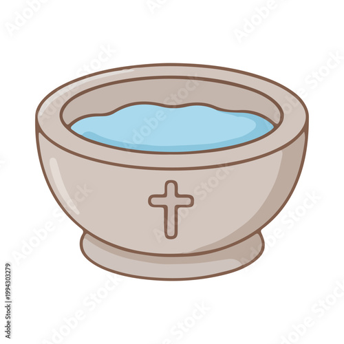 Christian Baptismal Font Illustration with Holy Water and Cross