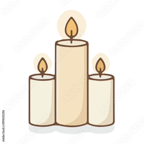 Three burning paraffin candles illustration isolated on white
