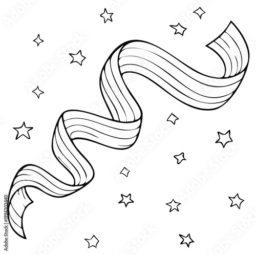 Stylized black and white swirling ribbon with stars graphic element