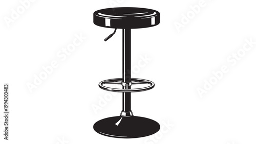 Modern black and silver bar stool with circular footrest and adjustable height.