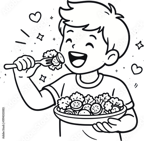 A boy happily eating a bowl of fresh vegetable salad with a cheerful expression is very suitable for balanced nutrition education material.