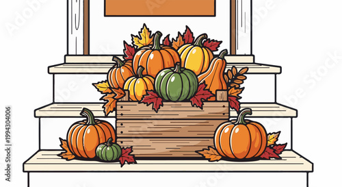 Autumn pumpkins and leaves decorate wooden steps leading to a door
