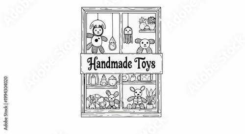 Black and white drawing of a shop window filled with handmade stuffed animals and jars