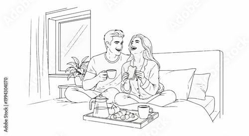 Couple enjoys breakfast in bed with coffee and pastries, laughing together by window