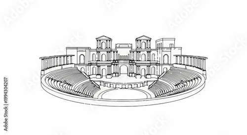 A detailed sketch of an ancient Roman theater with tiered seating and elaborate stage backdrop