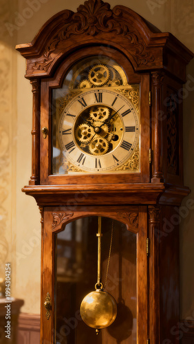 A classic tall-case wooden clock features intricate carvings a visible mechanical gear system and a swinging golden pendulum in a warm indoor setting.