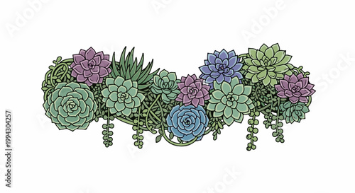 A decorative arrangement of various colorful succulents and cascading plants