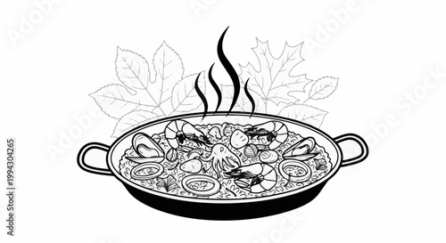 A black and white illustration of a steaming seafood dish with leaves in the background