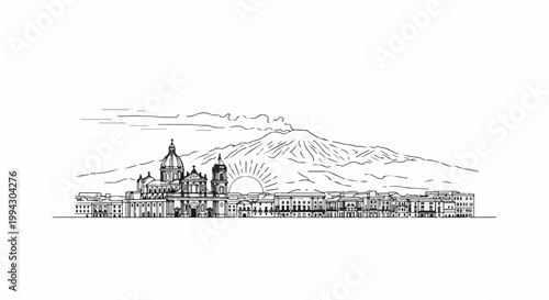 Line art silhouette of a city skyline with a volcano erupting behind it