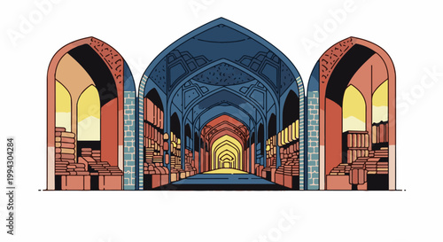 Ornate arched corridor with illuminated shelves and receding arches