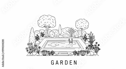 A stylized line drawing depicts a tranquil garden oasis with a swimming pool