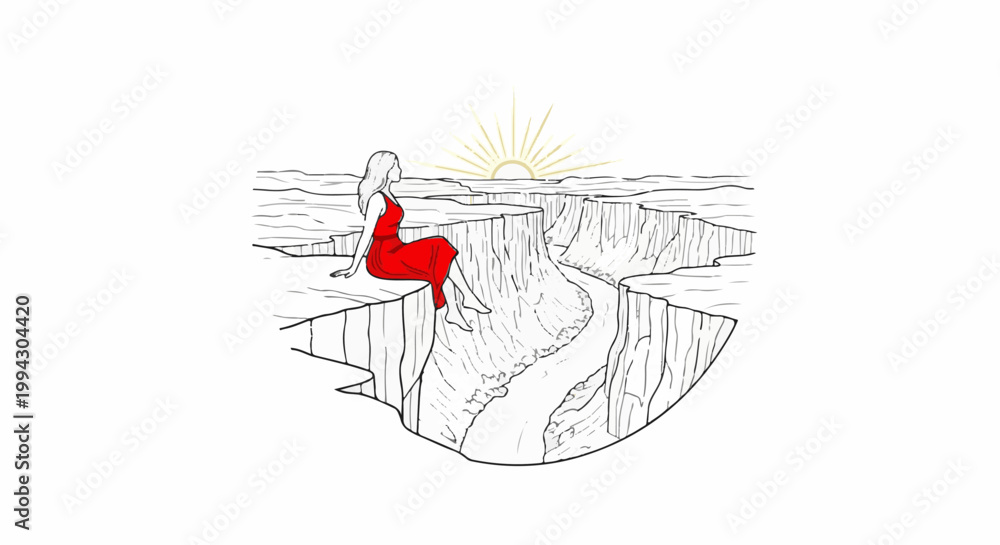 Obraz premium Woman in red dress overlooking a vast canyon at sunrise