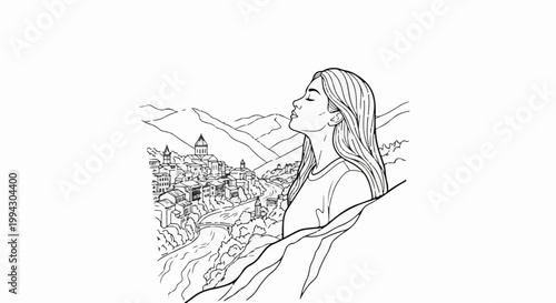 A young woman with long hair enjoys a serene moment overlooking a scenic river valley and ancient town
