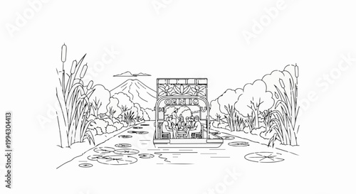 A serene river scene with people enjoying a boat ride amidst lush vegetation and a distant mountain