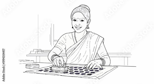 Woman in sari working with stamps on a patterned cloth