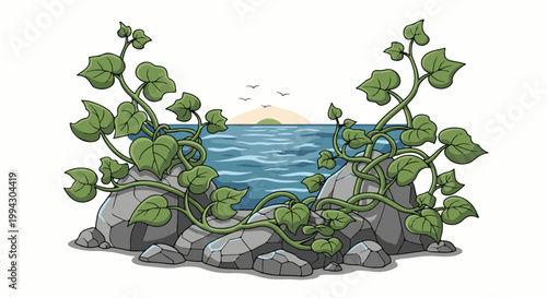 Pixelated seaside scene with vines climbing rocks as sun sets