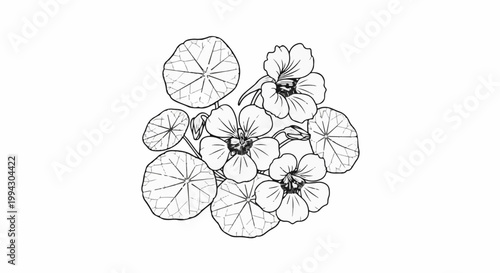 A sketch of nasturtium flowers and round leaves with intricate vein patterns